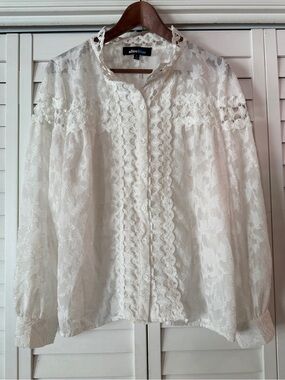 Alice Blue Floral Filigree Long Sleeve Button Down Blouse - Size L